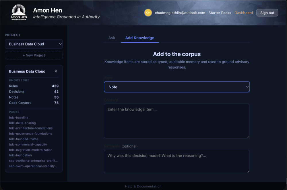 The Add Knowledge screen with structured knowledge types