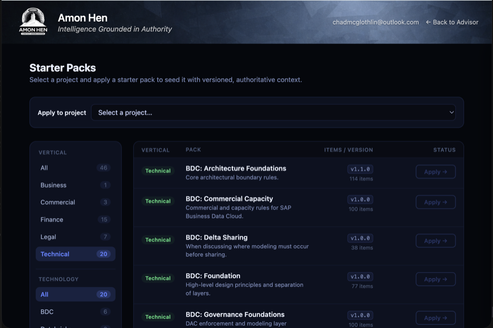 The Starter Pack selection and confirmation modal