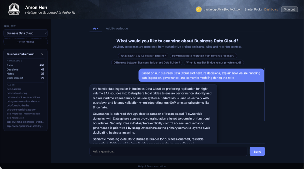 A contextual question using stored knowledge for the response
