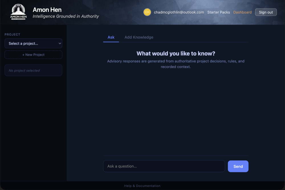 Dashboard showing the list of active projects